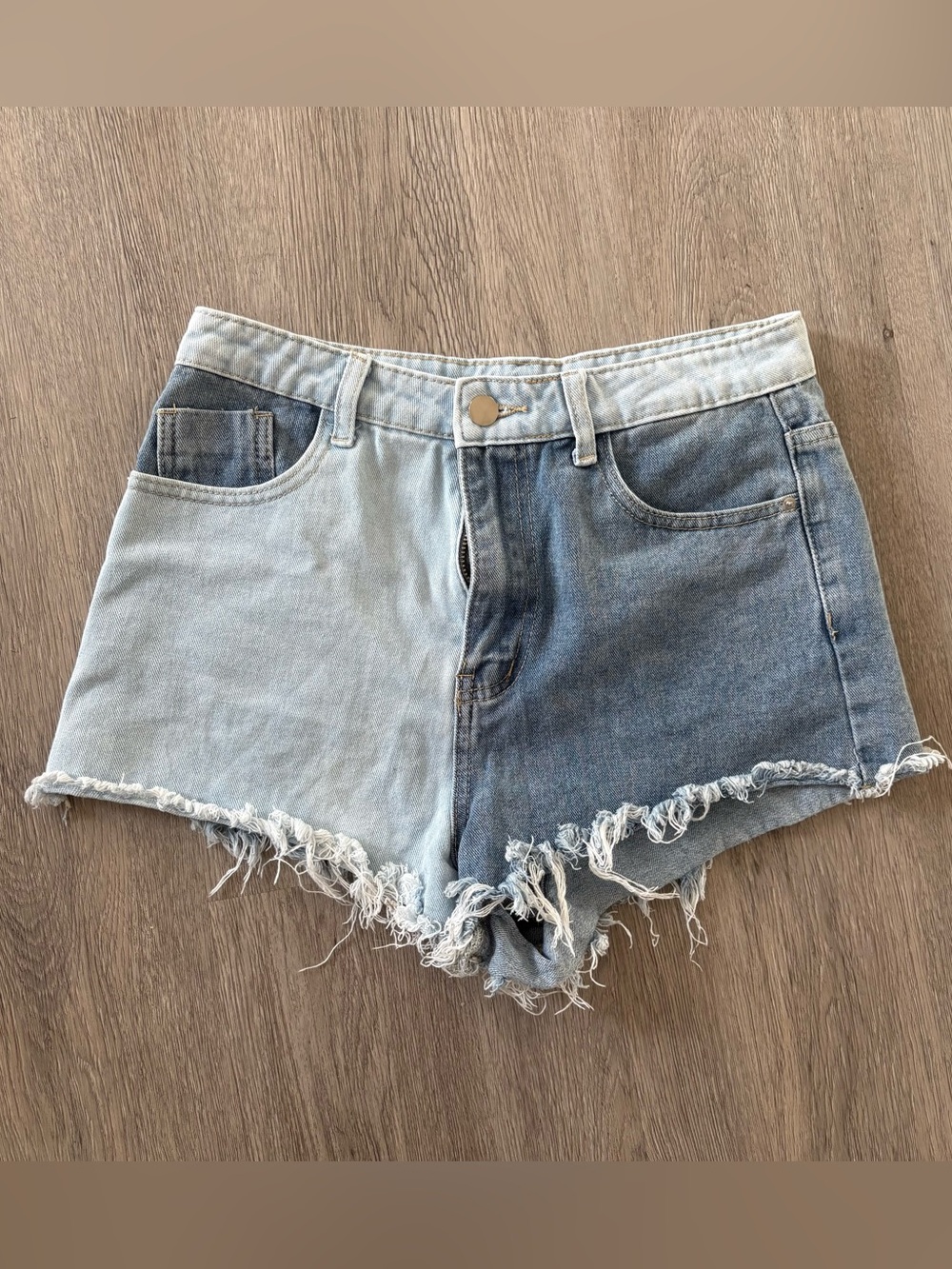 High-Waist Two-Tone Denim Shorts - Light & Dark Blue Size Medium